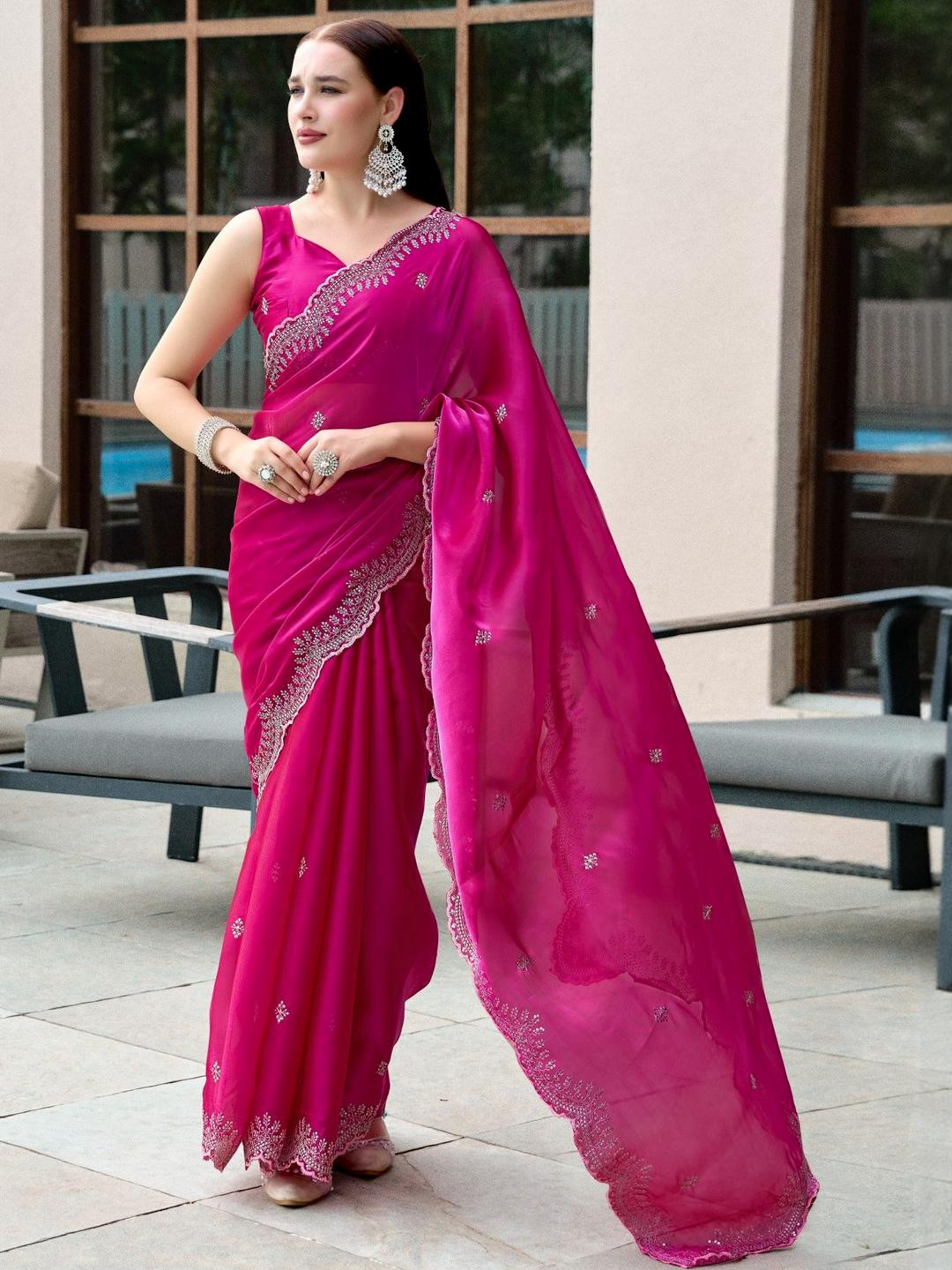 LeeliPeeri Designer Woven Design Beads and Stones Poly Chiffon Saree