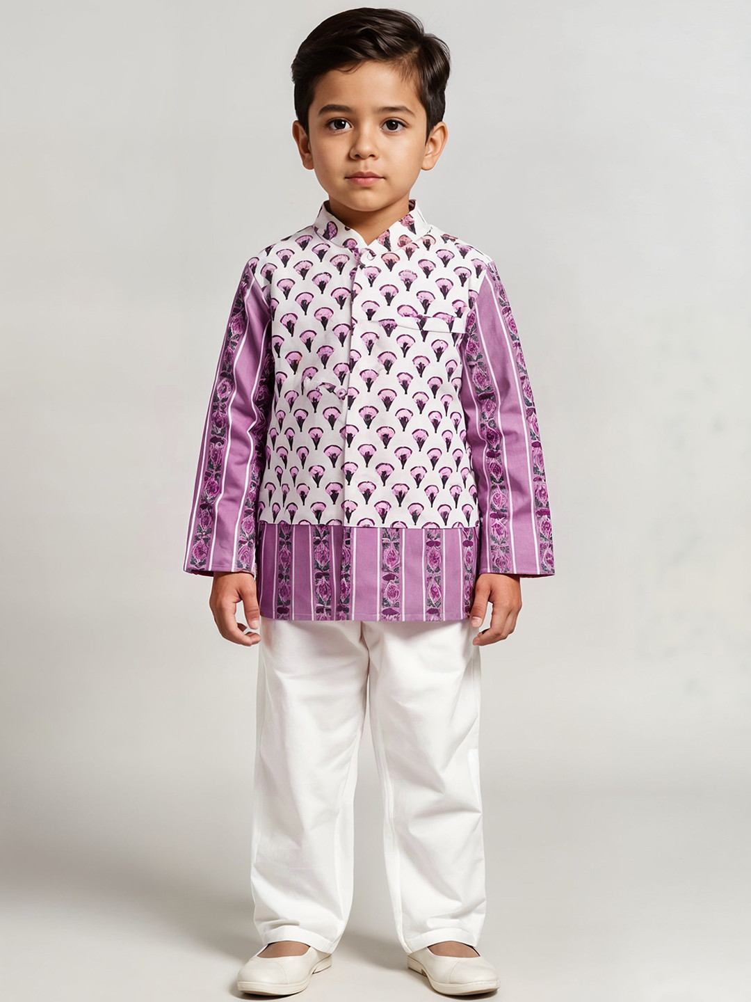 Sangria Boys Printed Pure Cotton Kurta With Pyjama &  Jacket Set