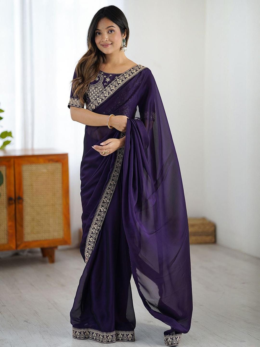 all about you Embroidered Saree With Unstiched Blouse