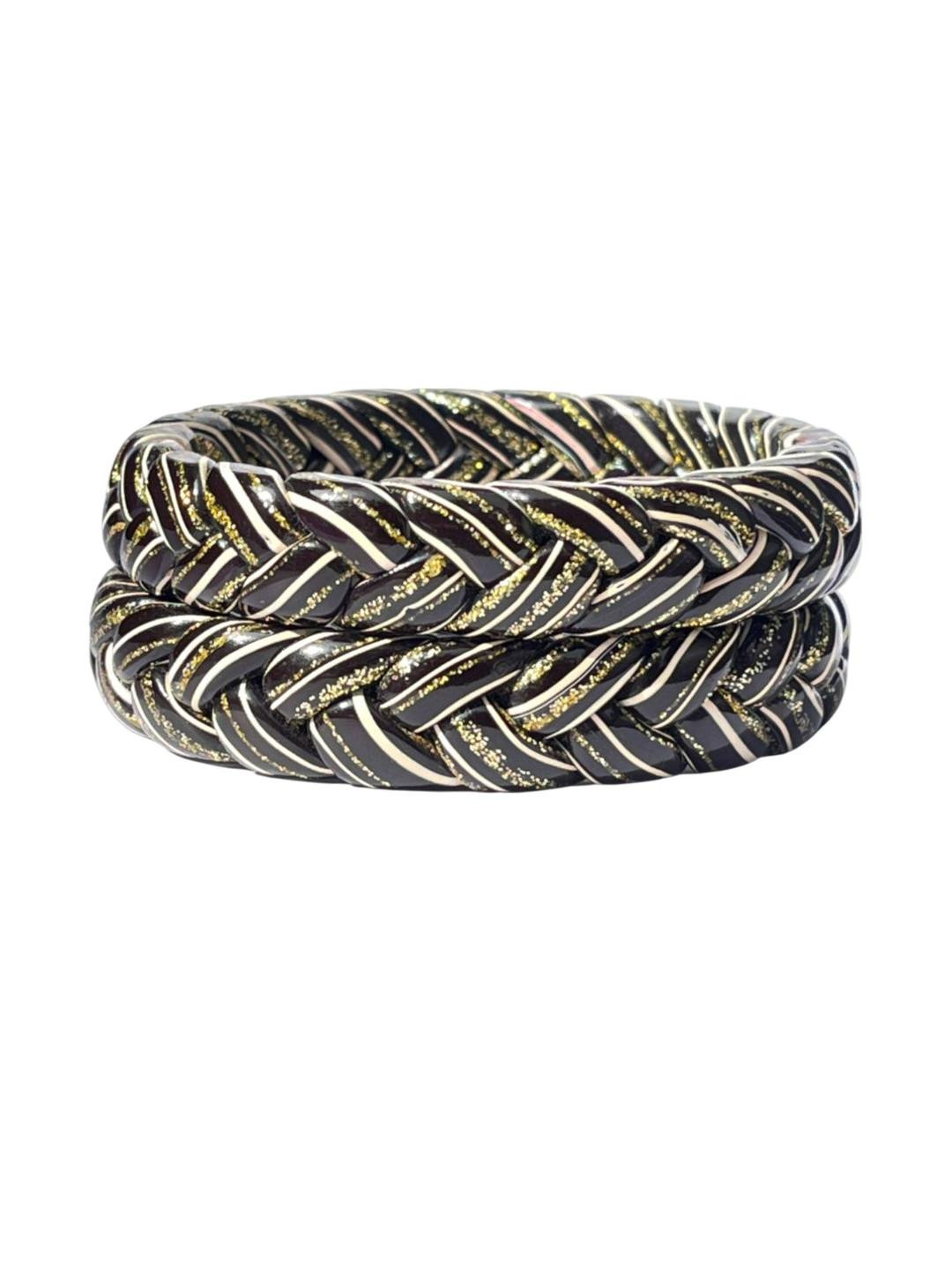 Handcrafted Black Lac Bangles with Golden and White Leheriya Wave Design