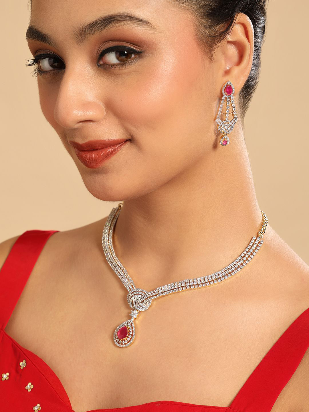 Nuyug  Rhodium-Plated Brass Cubic Zirconia Crimson Knot Necklace & Earrings