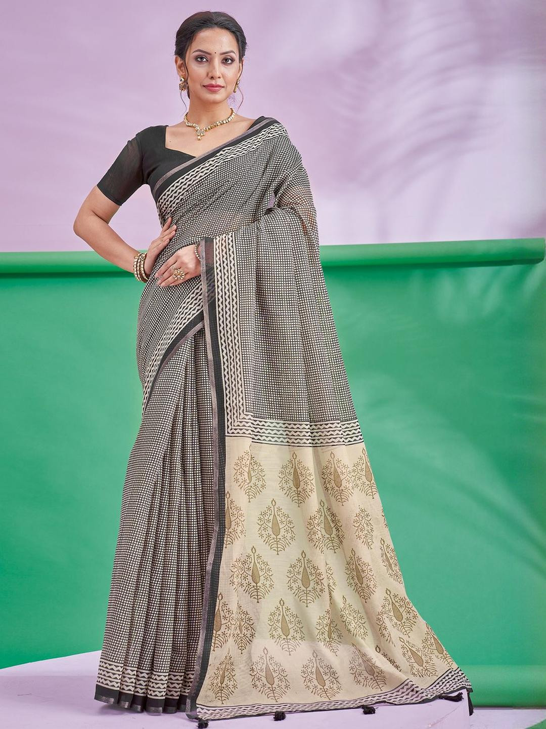 Sangria Checks Printed Cotton Linen Saree With Unstitched Blouse