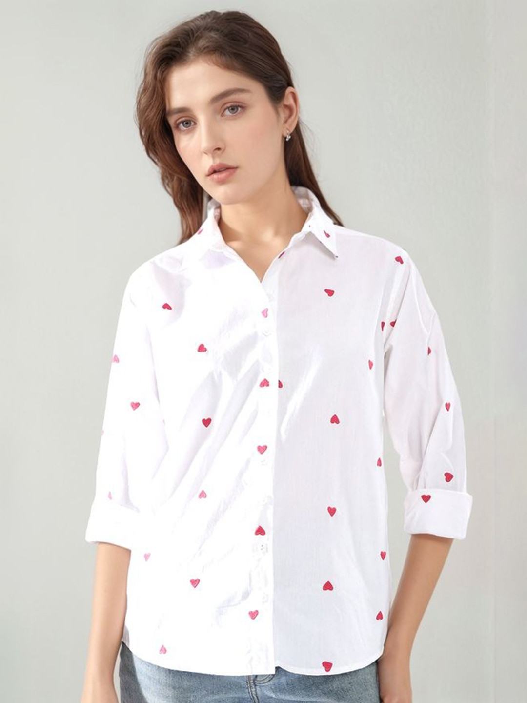 Moda Rapido Heart Embroidered Spread Collar Shirt