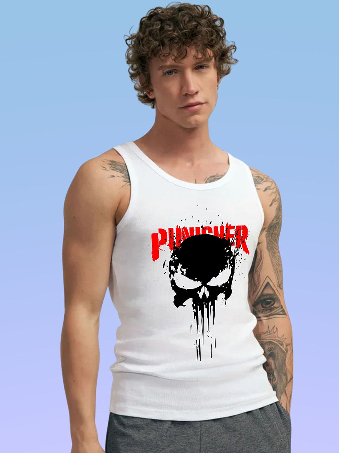 Uniplanet store Printed Scoop Neck Gym Vest UVM-LG-PUNISHER-WHT-S