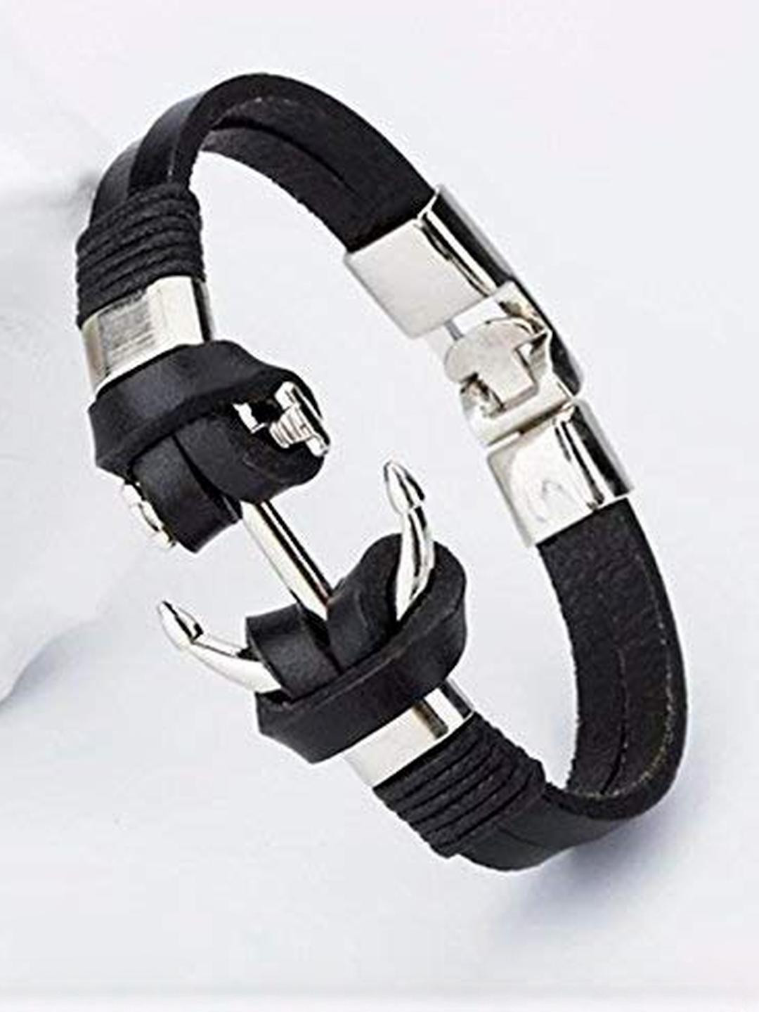 Black Pirate Anchor Sterling Silver Leather Bracelet For Men