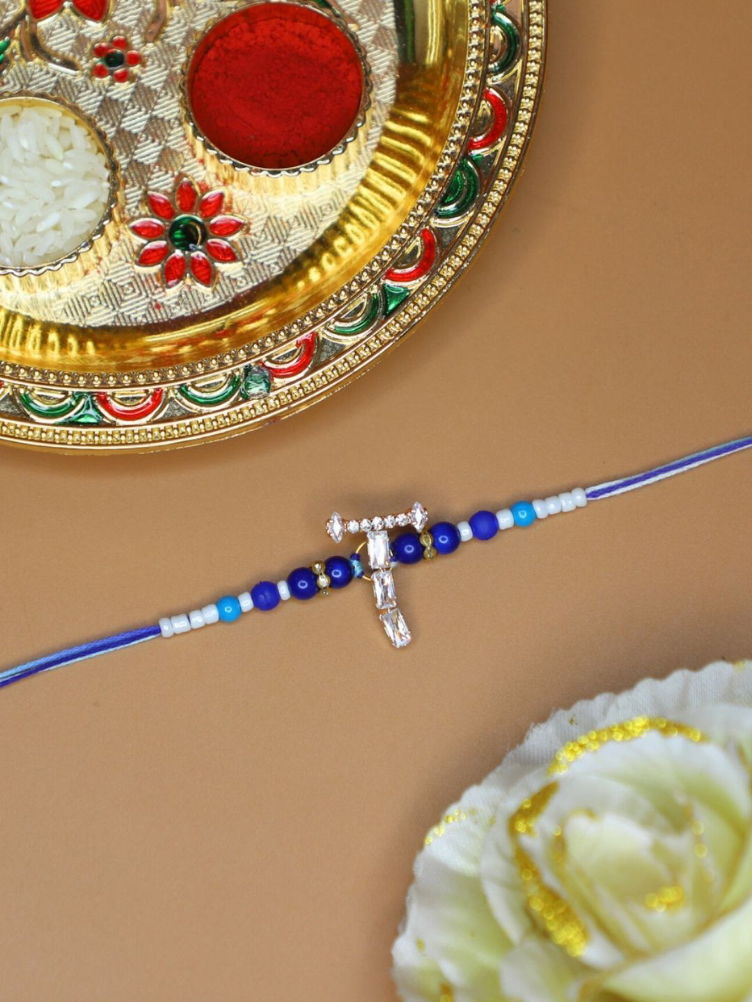 House of Pataudi Alphabet T Initial Thread Rakhi With Greeting Card & Roli Chawal