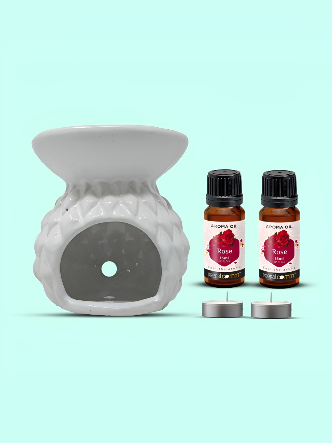 PEEPALCOMM 5-Pcs White & Red Ceramic Diffuser With T-Light & AromaOil15ml