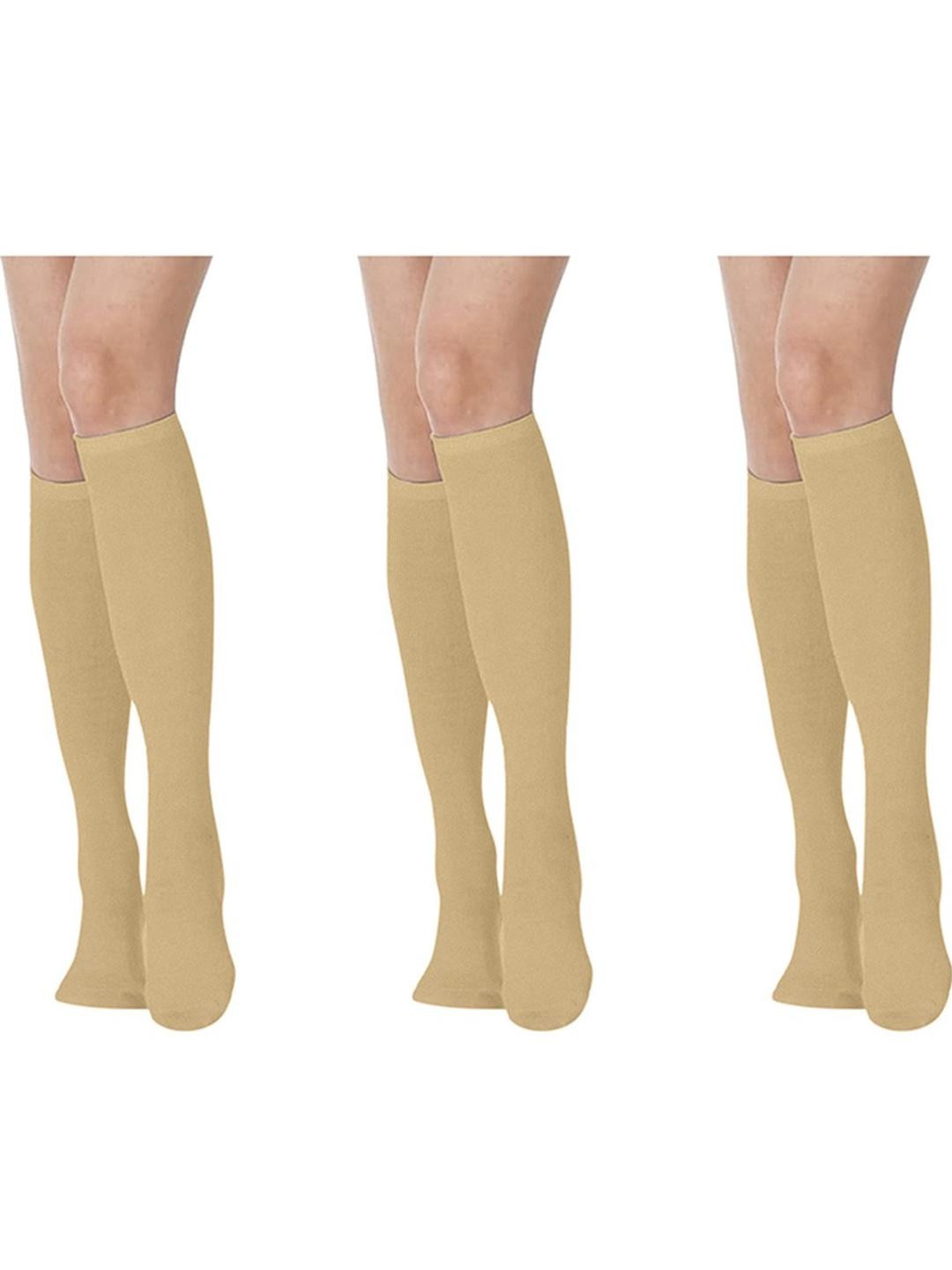 MUKHAKSH Set of 3 Women Khaki Cotton Knee Length Socks