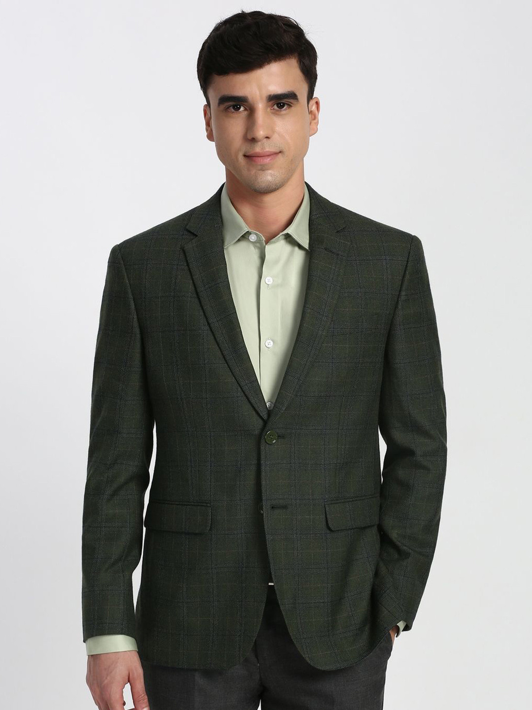 Peter England Elite Cheked Slim-Fit Single Breasted Formal Blazer