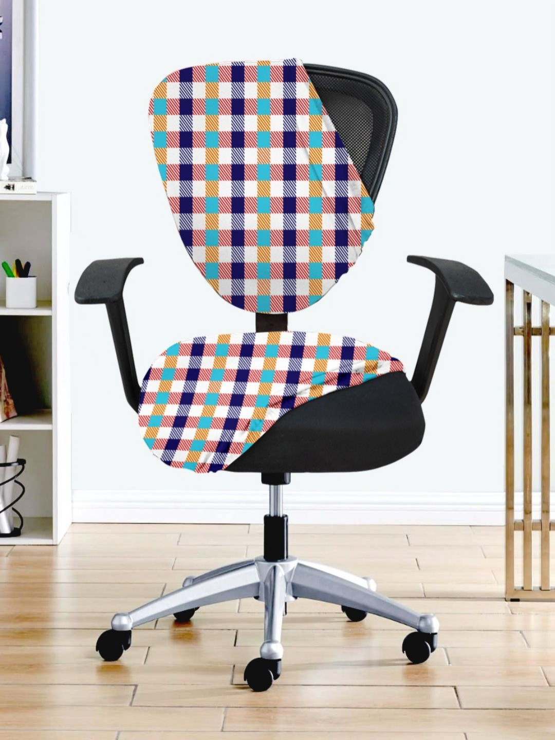 Lazi White & Blue Checked Stretchable Office Chair Cover