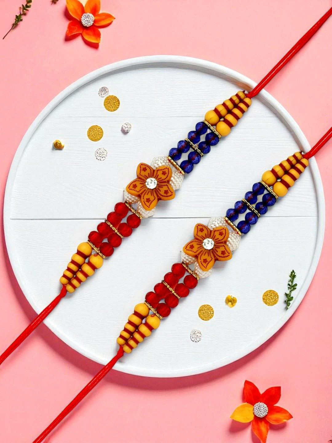 ADIVA Set Of 2 Sones Studded & Beaded Floral Rakhis Roli Chawal & Greetings Card