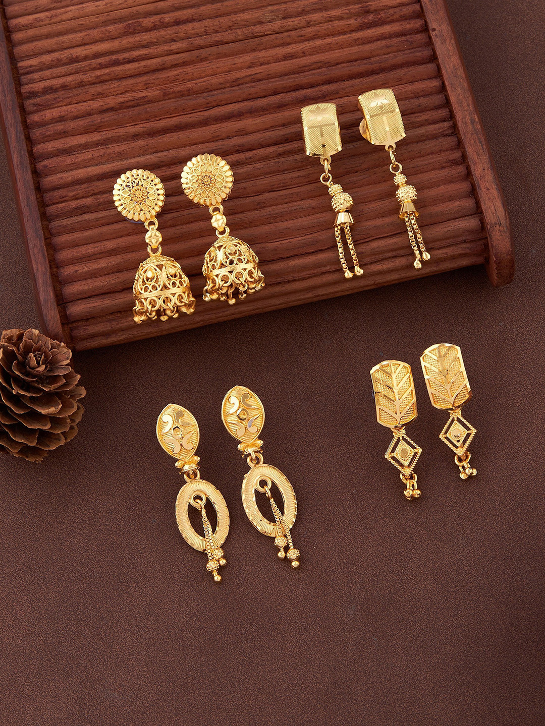 Anouk Set Of 4 Gold-Plated Rectangle Shaped Drop Earrings
