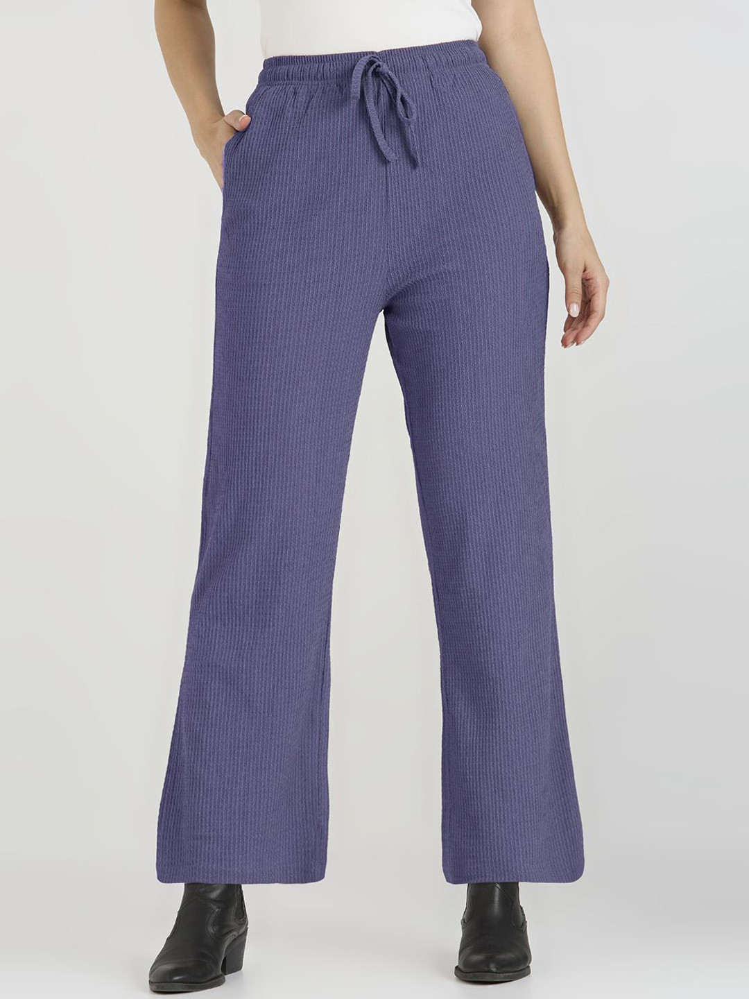 CEFALU Women Self Design Relaxed Fit High-Rise Flat-Front Cotton Korean Pants