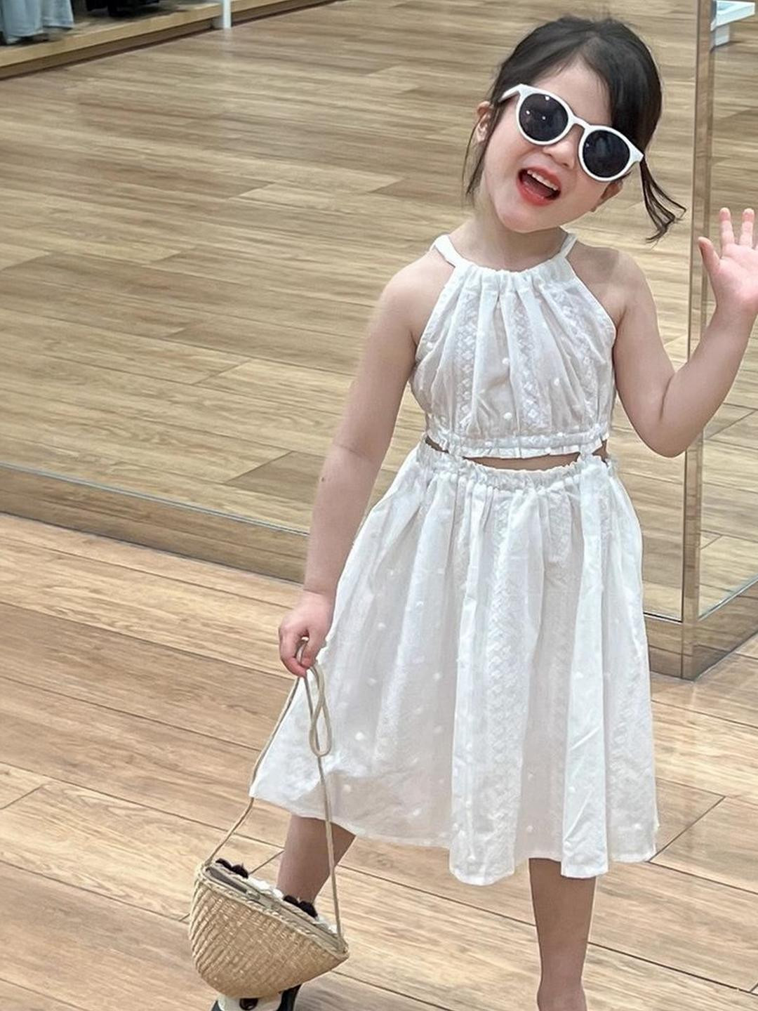 LULU & SKY Girls Self Design Cotton Fit and Flare Dress With Cut-out Detail