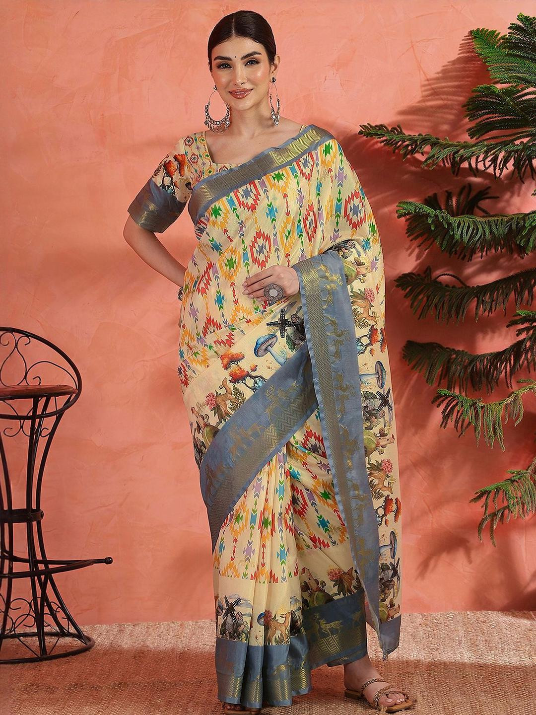 Sangria Motifs Print with Woven Design Zari Border Saree With Unstitched Blouse