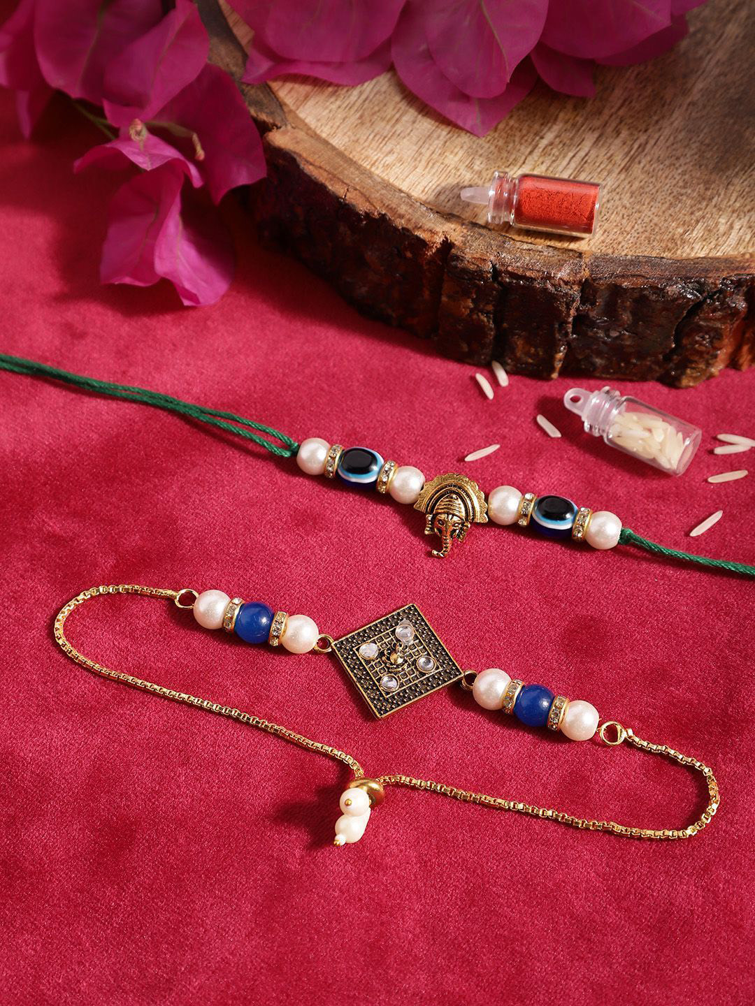 Sangria Beaded Bhai Bhabhi Thread Rakhis With Roli & Chawal