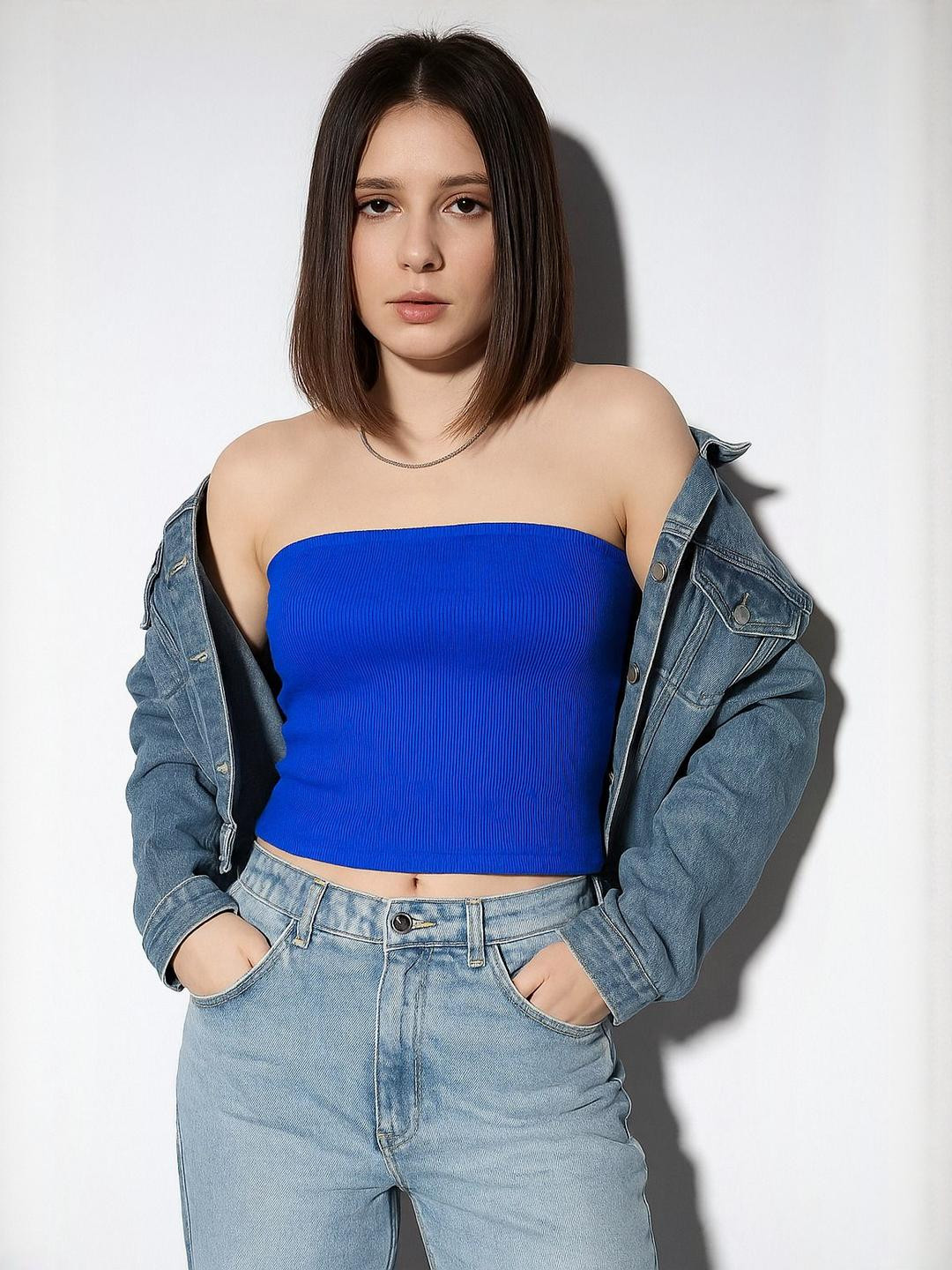 R.Code by The Roadster Life Co. Women Ribbed Strapless Cotton Tube Crop Top