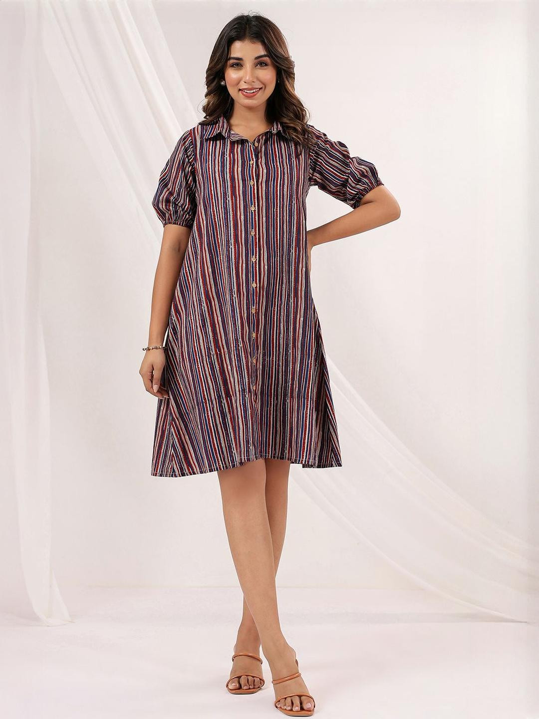Janasya Women Multicolor Pure Cotton Striped A-line Dress