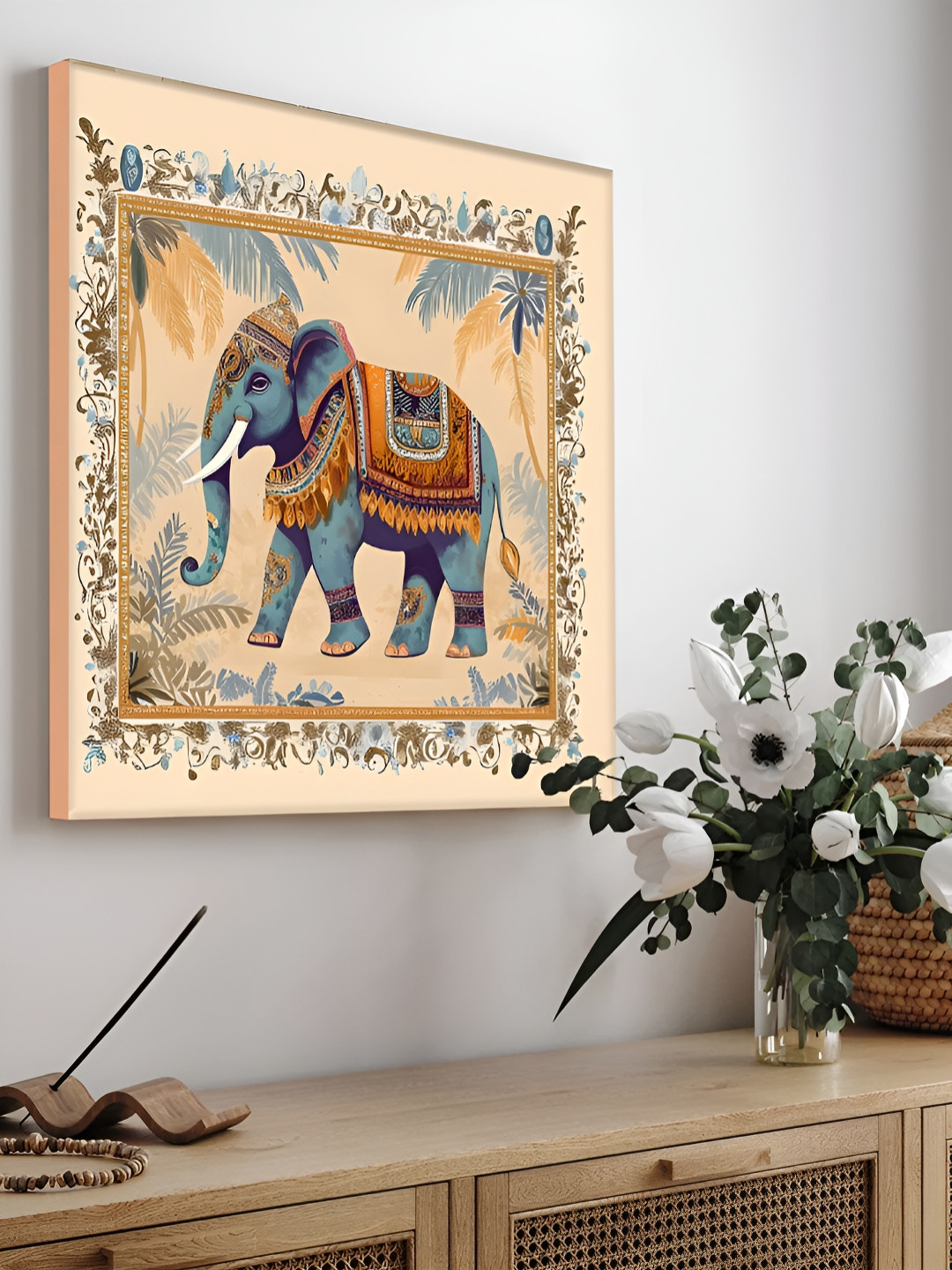 Art Street Blue & Beige Elephant Traditional Indian Canvas Wall Art