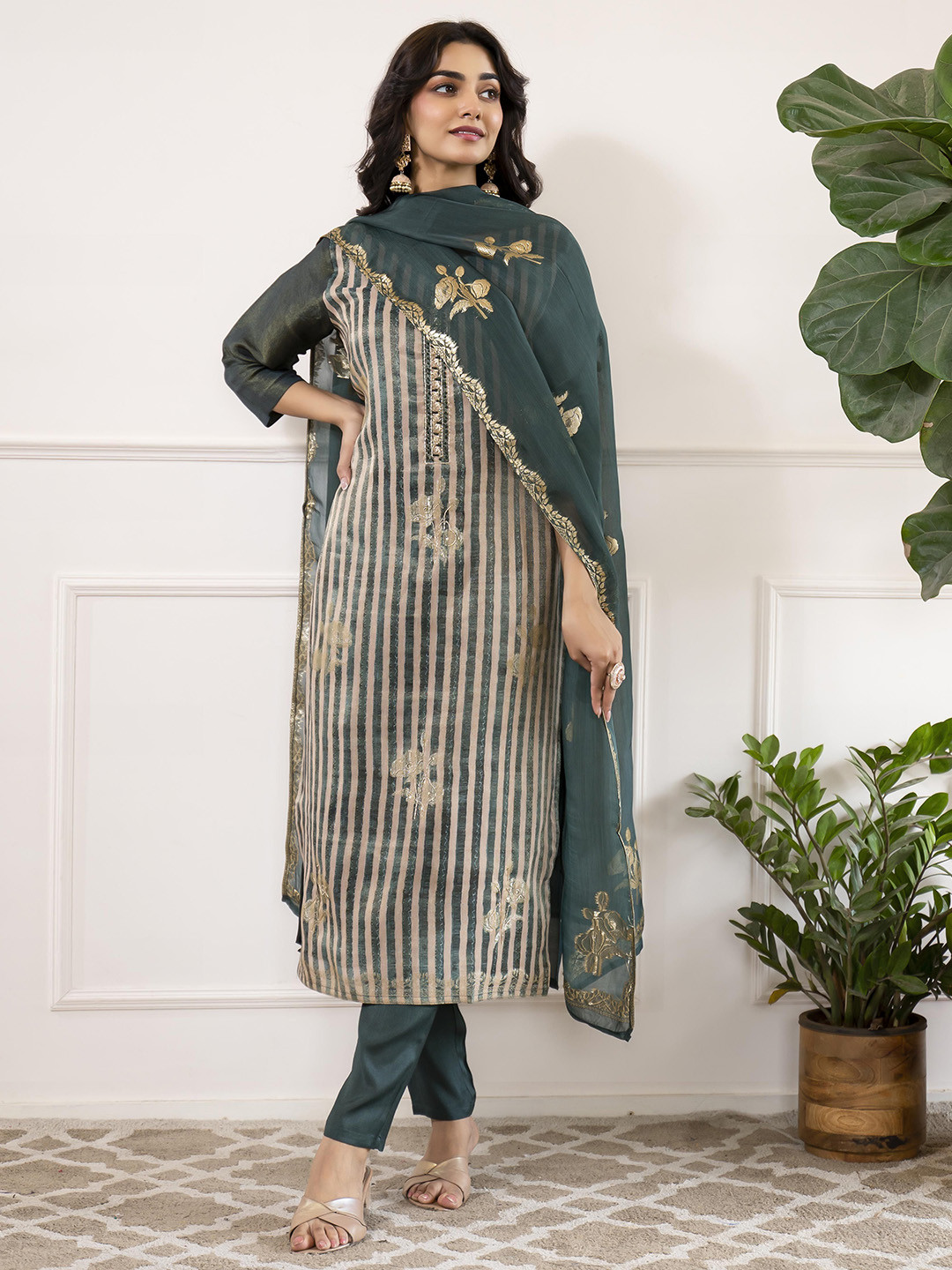 Anouk Women Striped Zardozi Tissue Kurta with Trousers & Dupatta