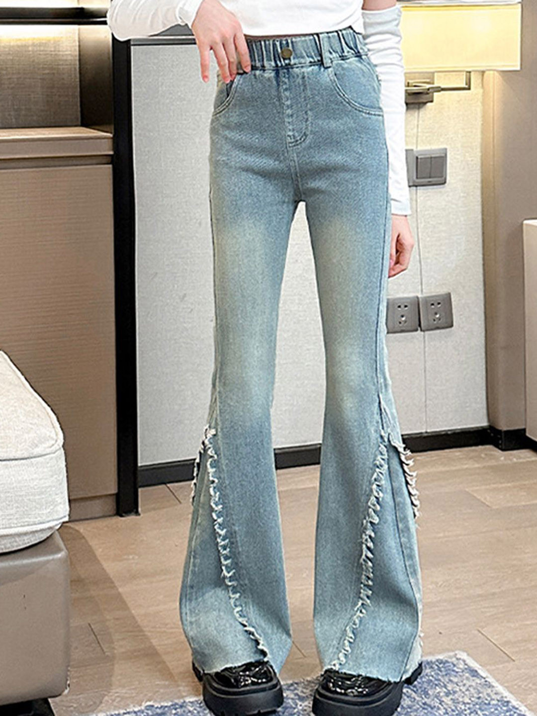 LULU & SKY Girls Flared Leg High-Rise Light Fade Retro Jeans