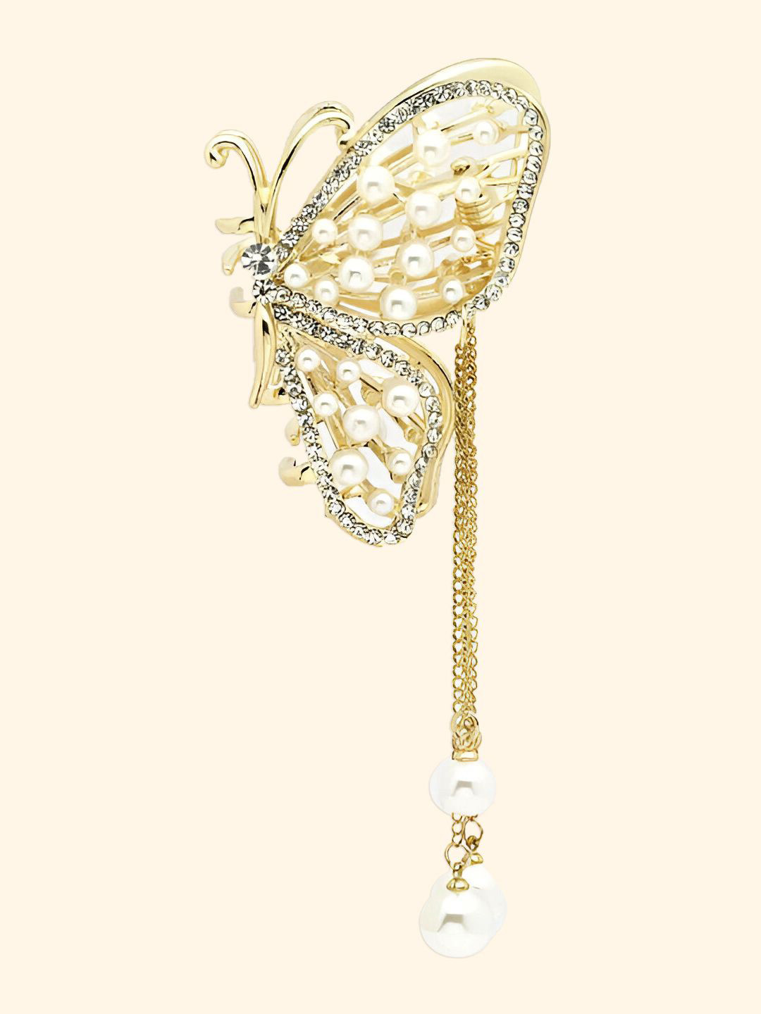 Matra Embellished Butterfly Rhinestone Tassel Pearl Studded Gold Hair Clutcher