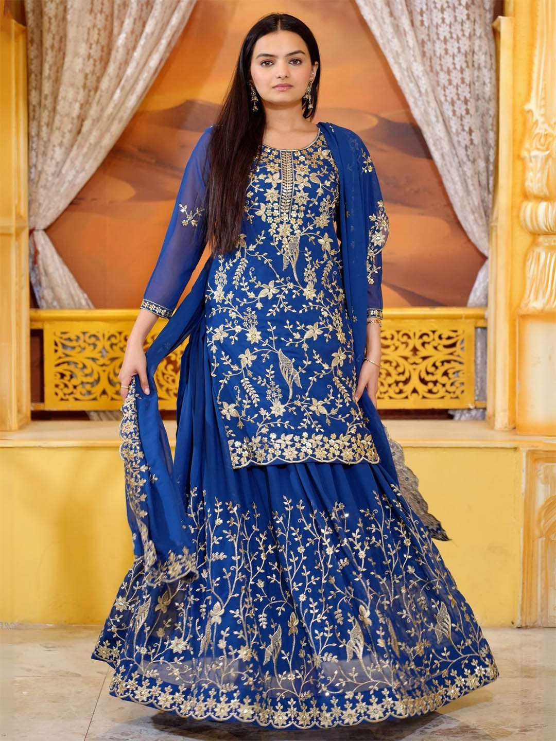 ODETTE Women Blue Floral Printed Kurta with Skirt & Dupatta Georgette Stitched Set