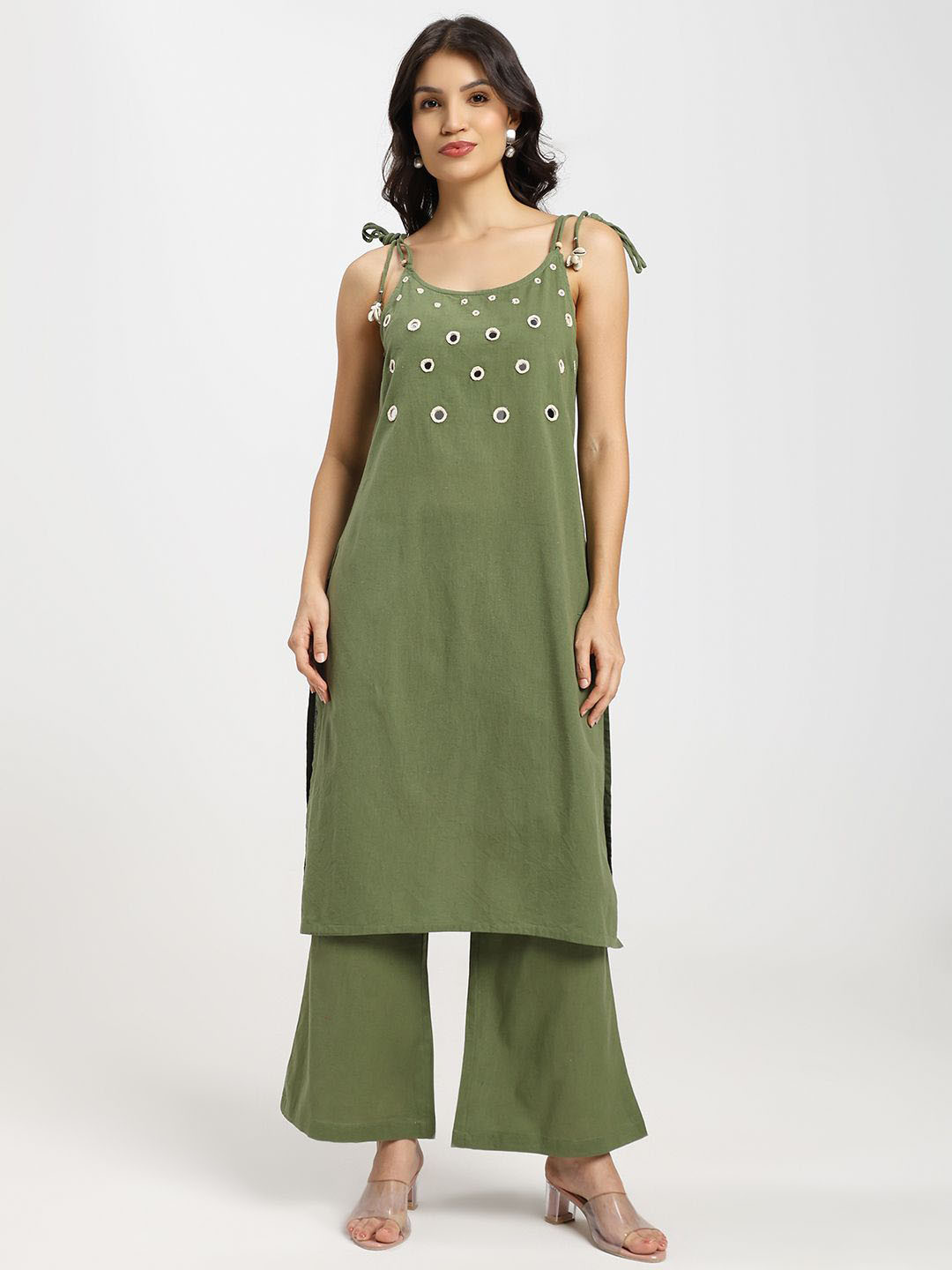 Xelov Mirror & Seashell Embellished Pure Cotton Kurta With Trousers