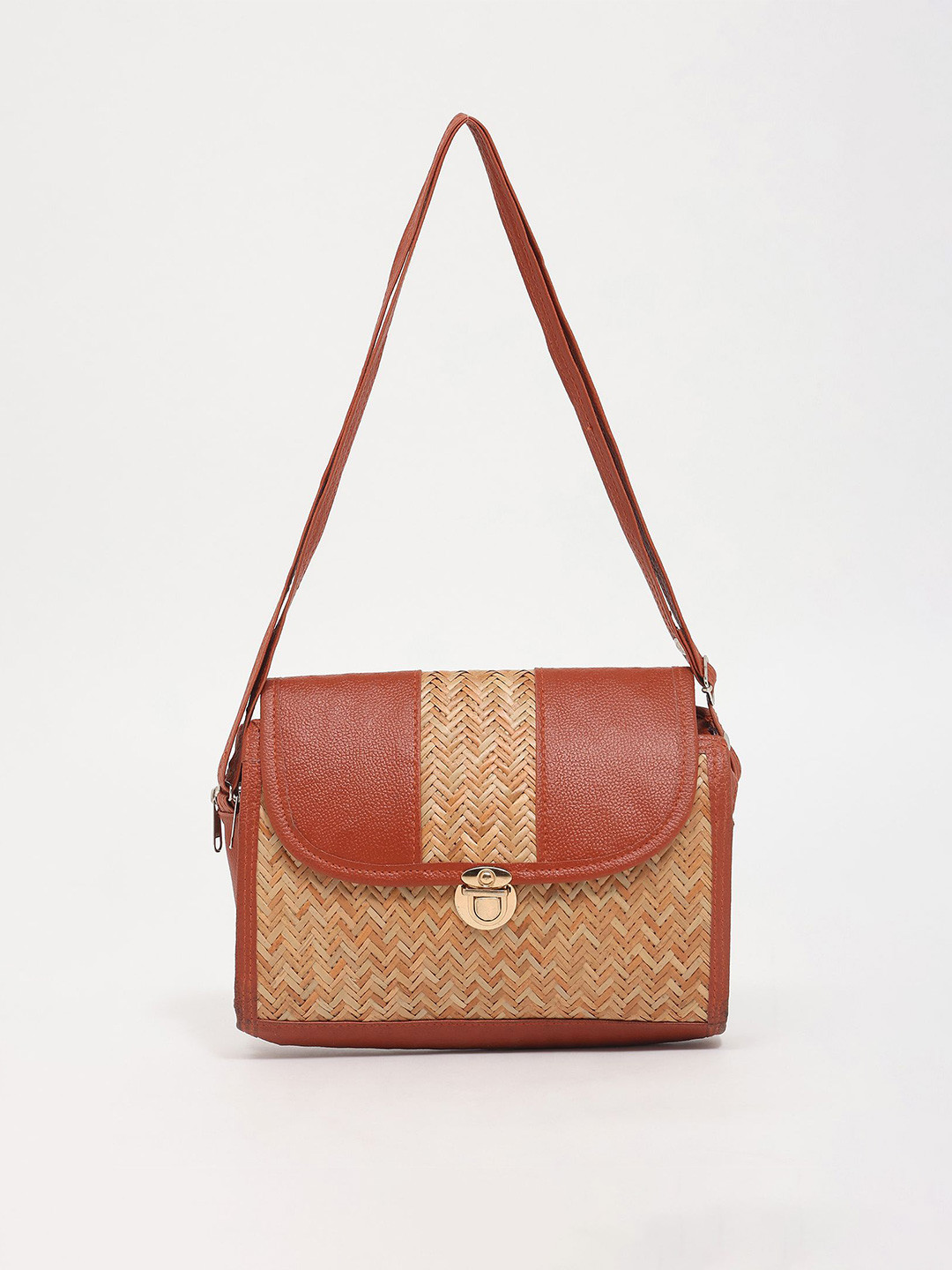 Exotic India Burnt-Brick Bamboo Stripe Shoulder Bag with Dual Zip