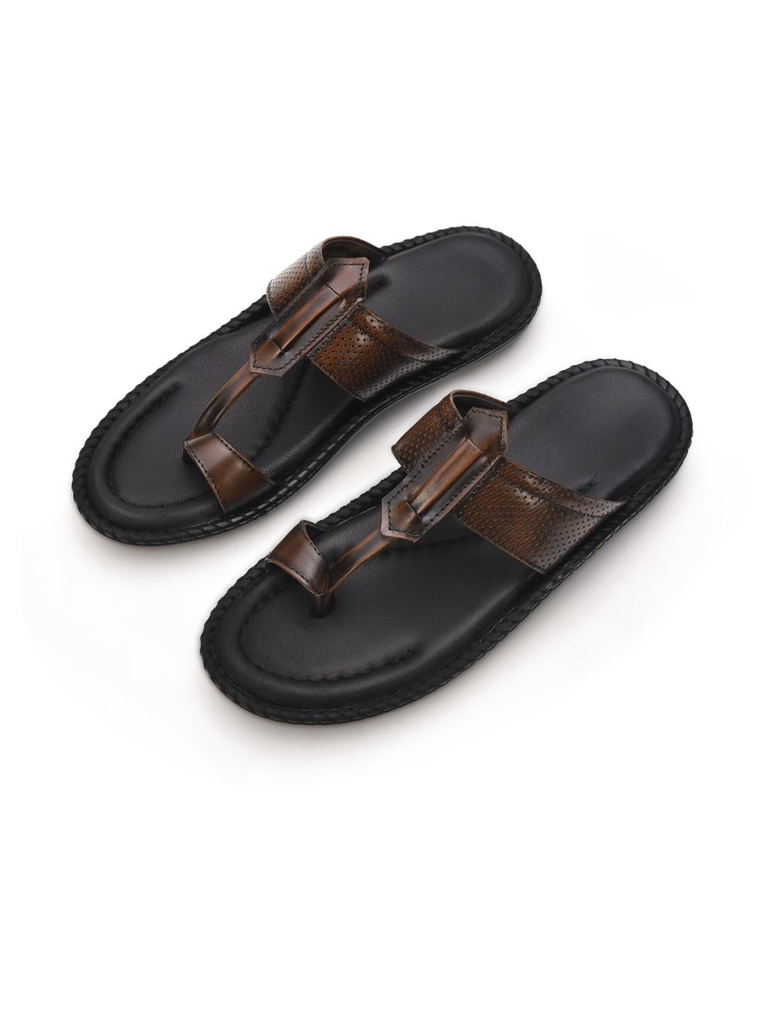 STEPHORN Mens Leather Comfort Slippers with Kolhapuri-Inspired Toe Ring & Stitched Sole