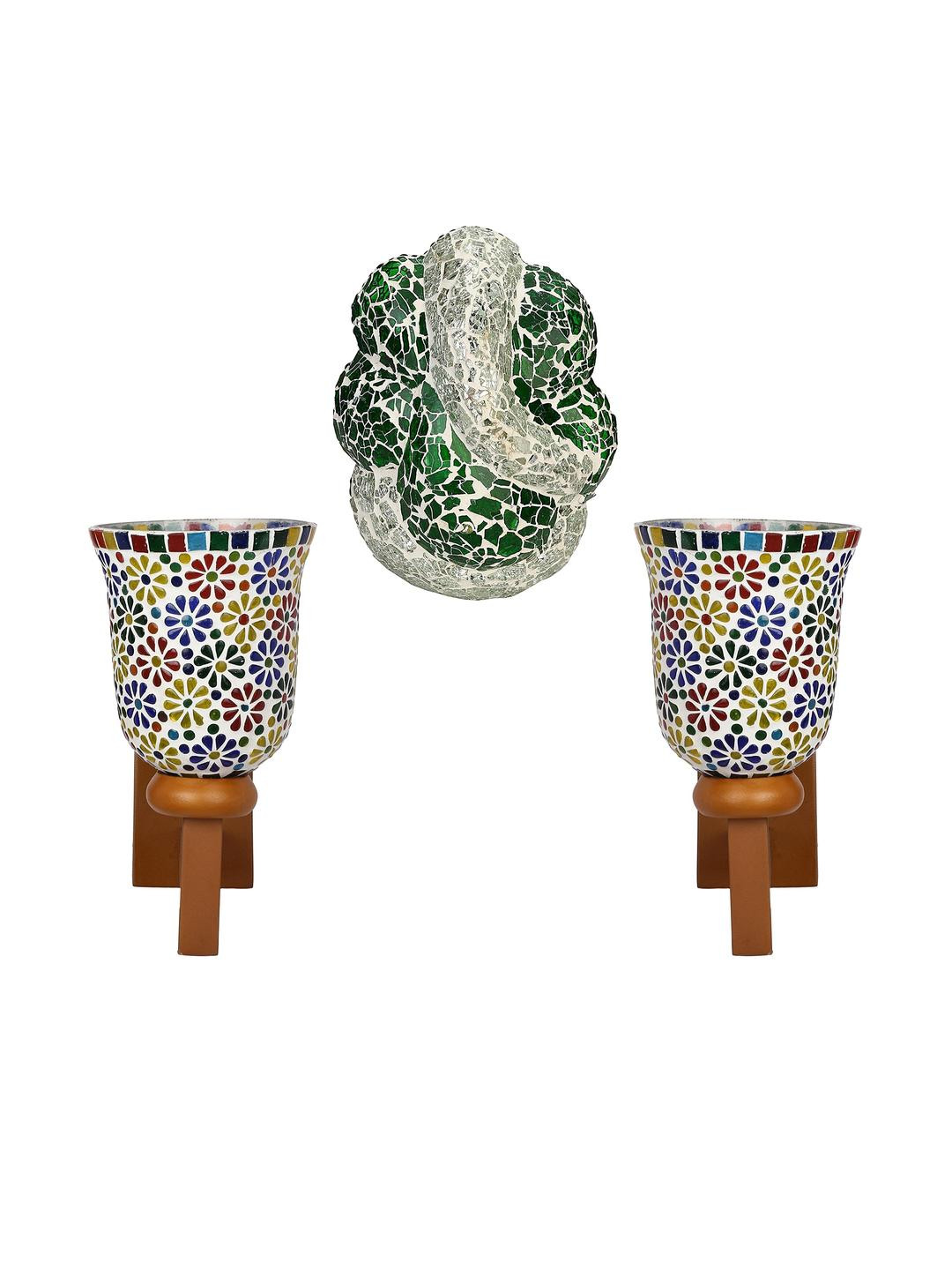 Somil Indore Mosaic Decorative Lamp Combo of Matching Wall Lamp & Blessing God Ganesh Wall Lamp, Multi Compatible with LED, Size: 14 X 14 X 28 Cm, Pack of 3.