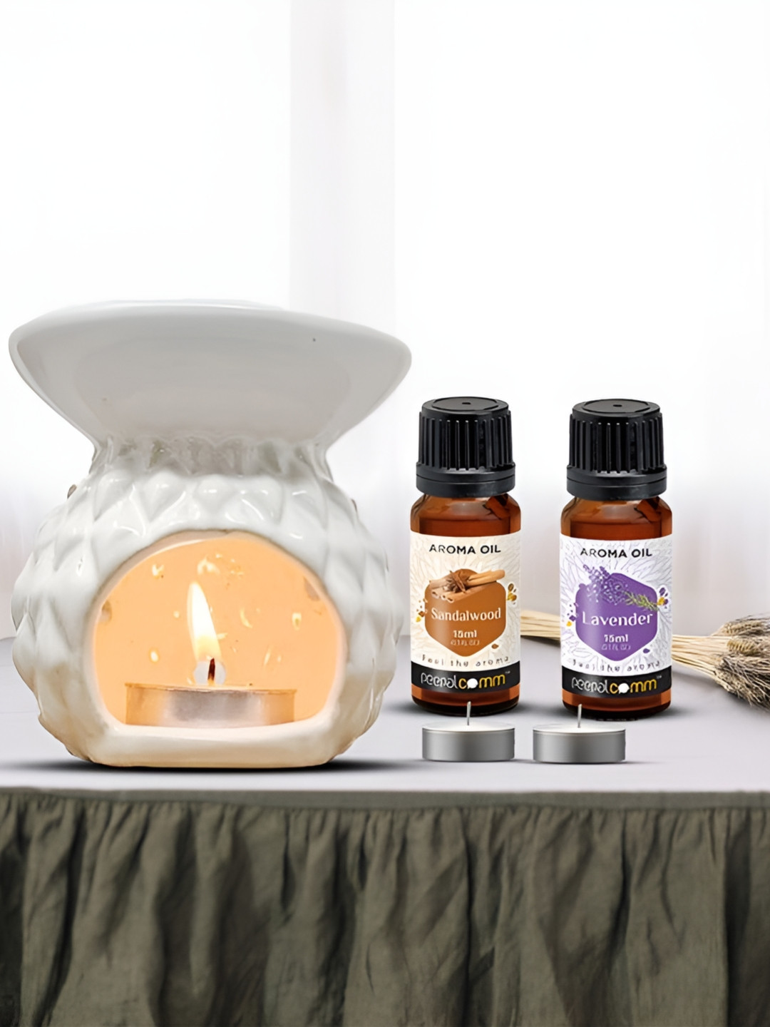 PEEPALCOMM 5-Pcs White & Brown Ceramic Diffuser With T-Light & AromaOil15ml
