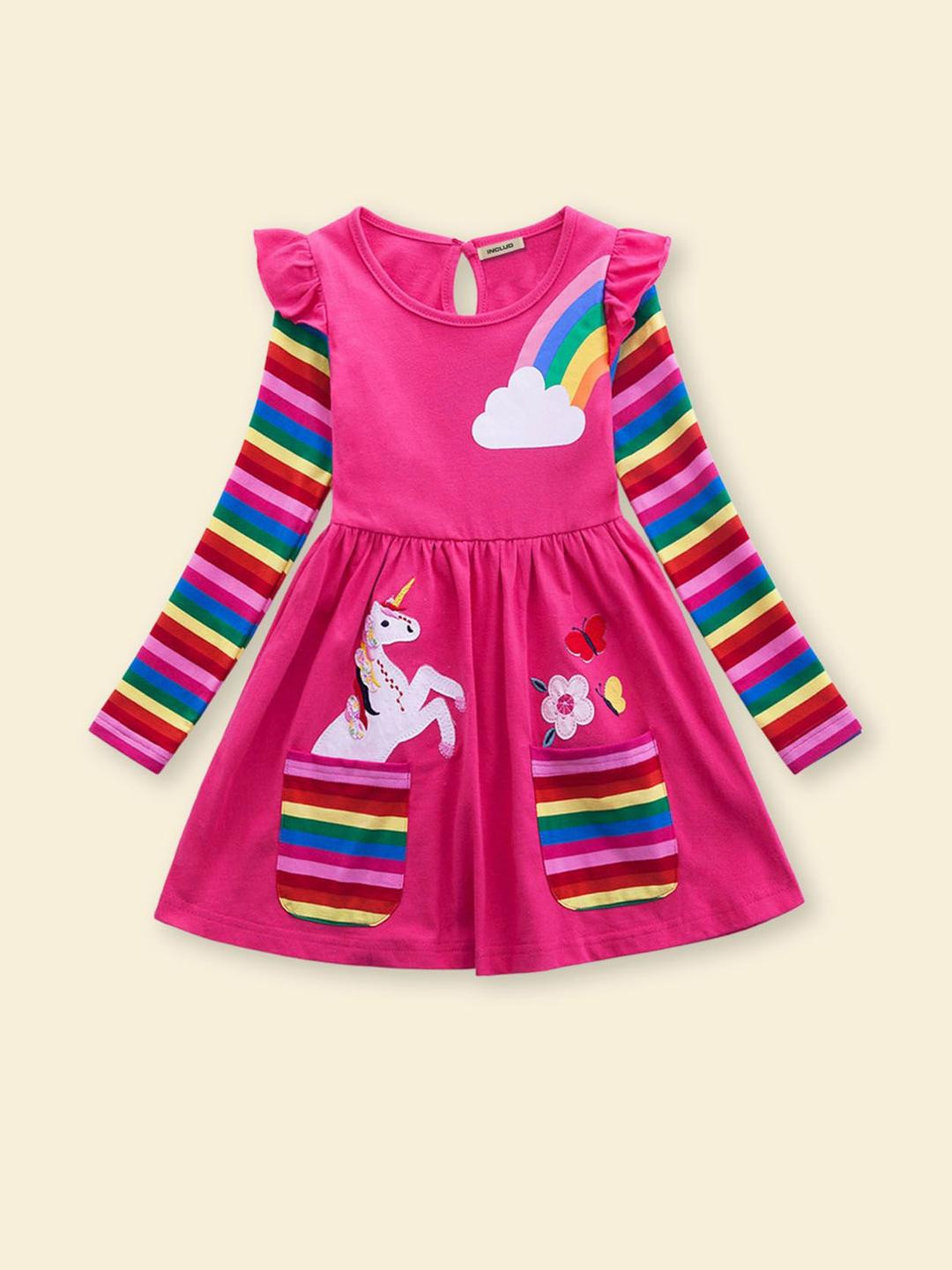 INCLUD Girls Unicorn Embroidered Flutter Sleeves Pleated Detail Fit & Flare Dress