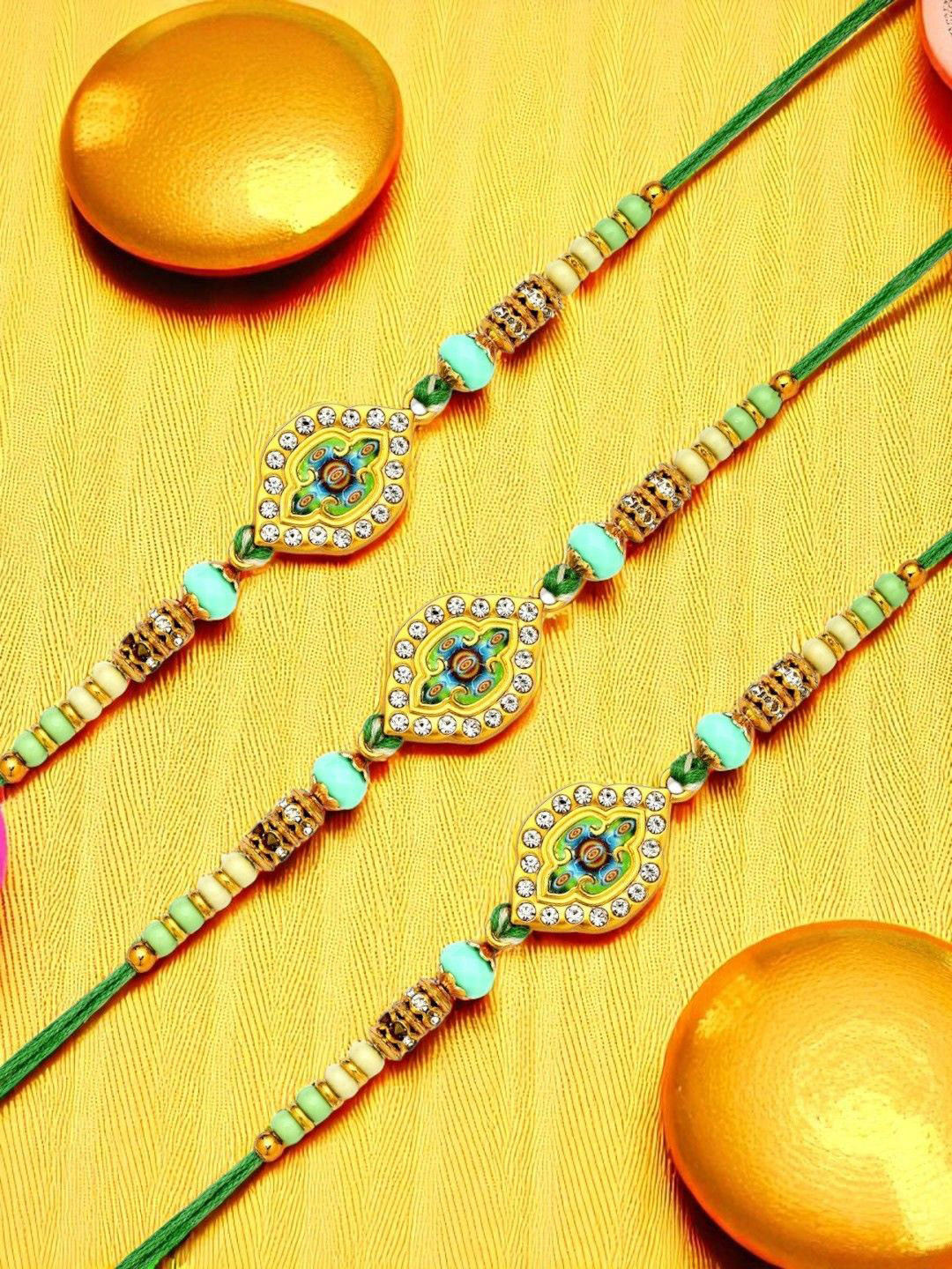 ADIVA Set Of 3 Gold-Plated Cubic Zirconia Studded & Beaded Rakhi Gift Set