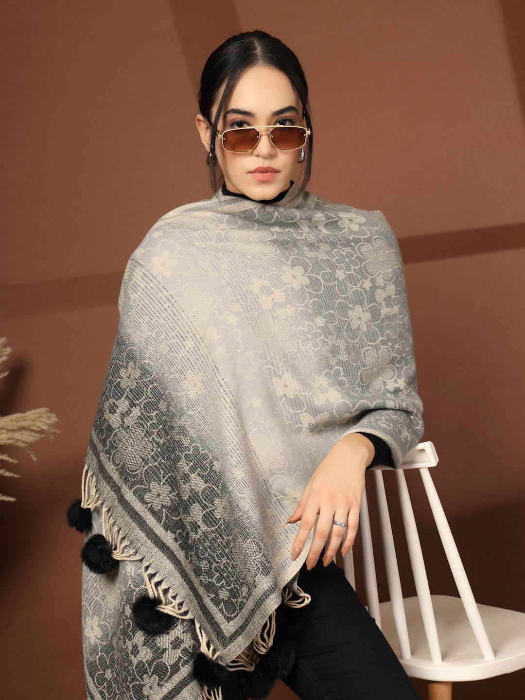 Mafadeny Women Floral Patterned Stole With Fur Pom Poms