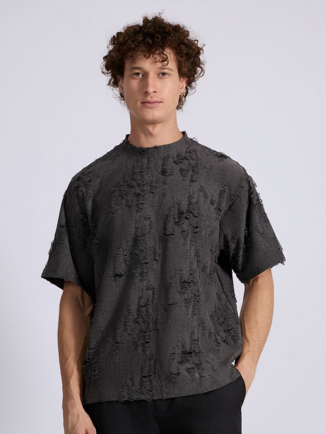 Espanshe Self Design Distressed Drop-Shoulder Sleeves T-shirt