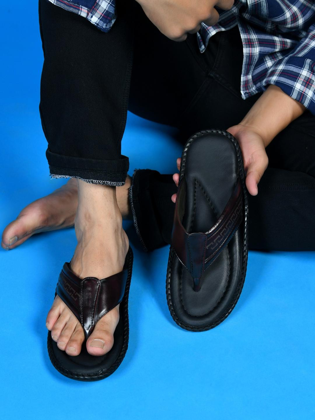 STEPHORN Pure Leather Slip-On Slippers with Stitched Sole & Textured Strap Design