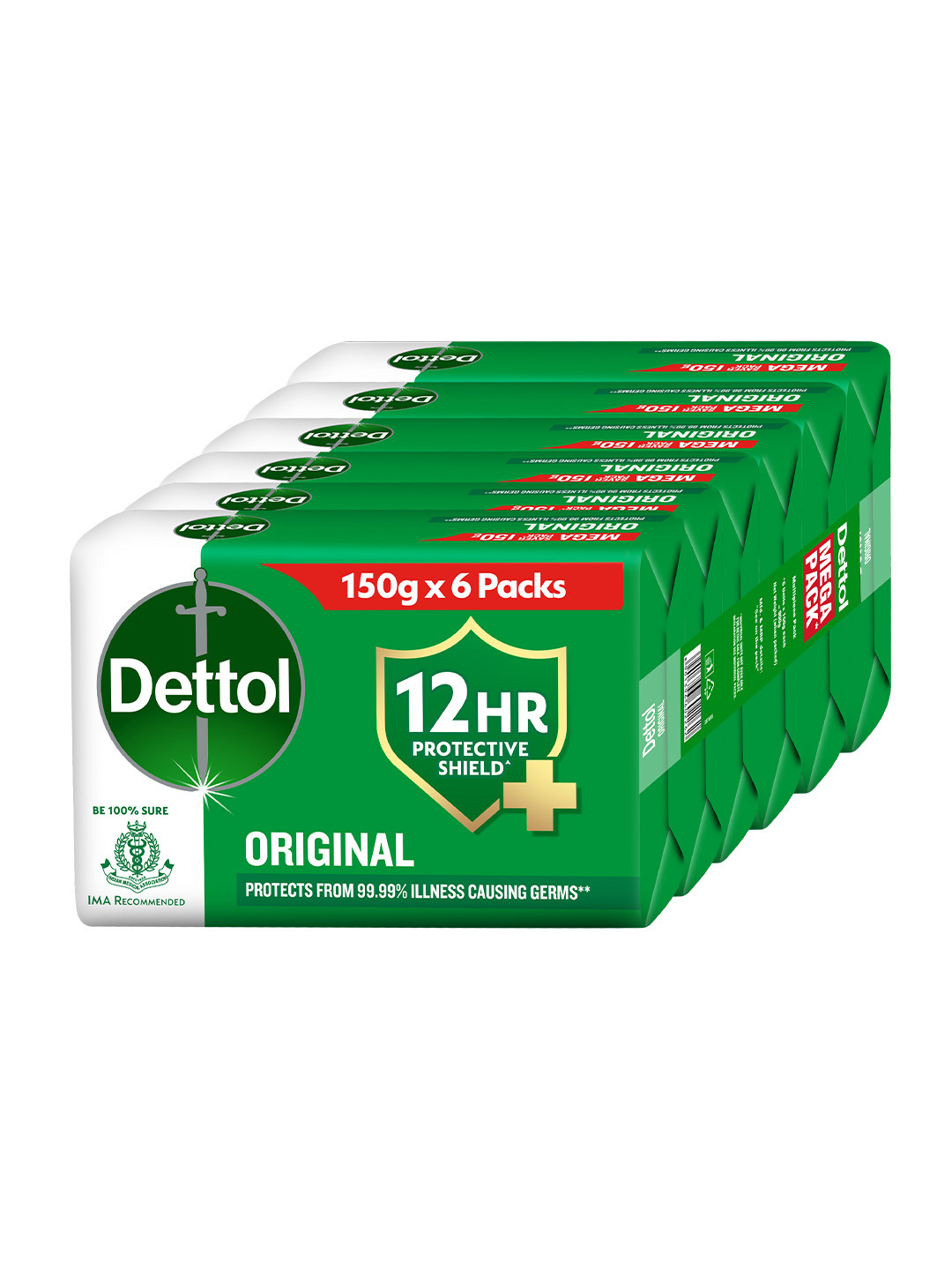 Dettol Set of 6 Original Bathing Soap Bar With 12 HR Protective Shield - 150g Each