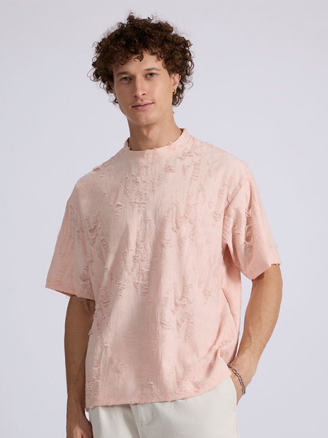 Espanshe Self Design Drop-Shoulder Sleeves Oversized T-shirt