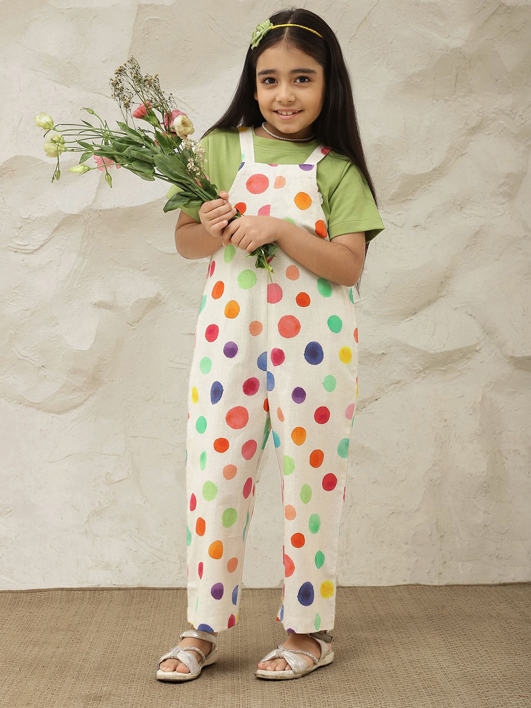 Bugandbees Polka Dot Printed Pure Cotton Dungarees
