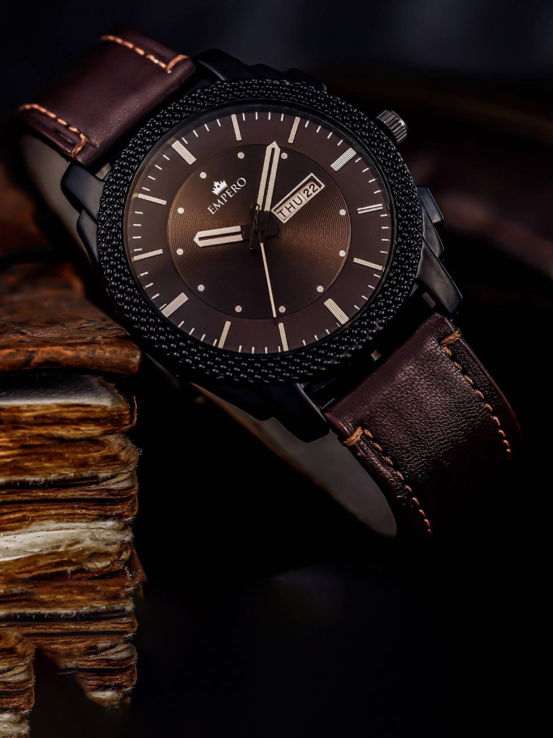 EMPERO Men Brass Skeleton Dial & Leather Straps Analogue Watch FSL1 D&D Brown Leather