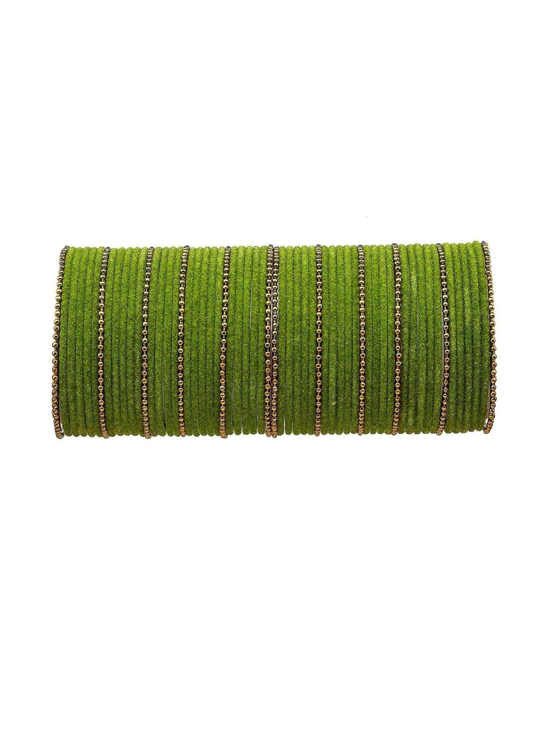 Guddan Set of 60 Mehndi & Golden Metal Velvet Bangle Set