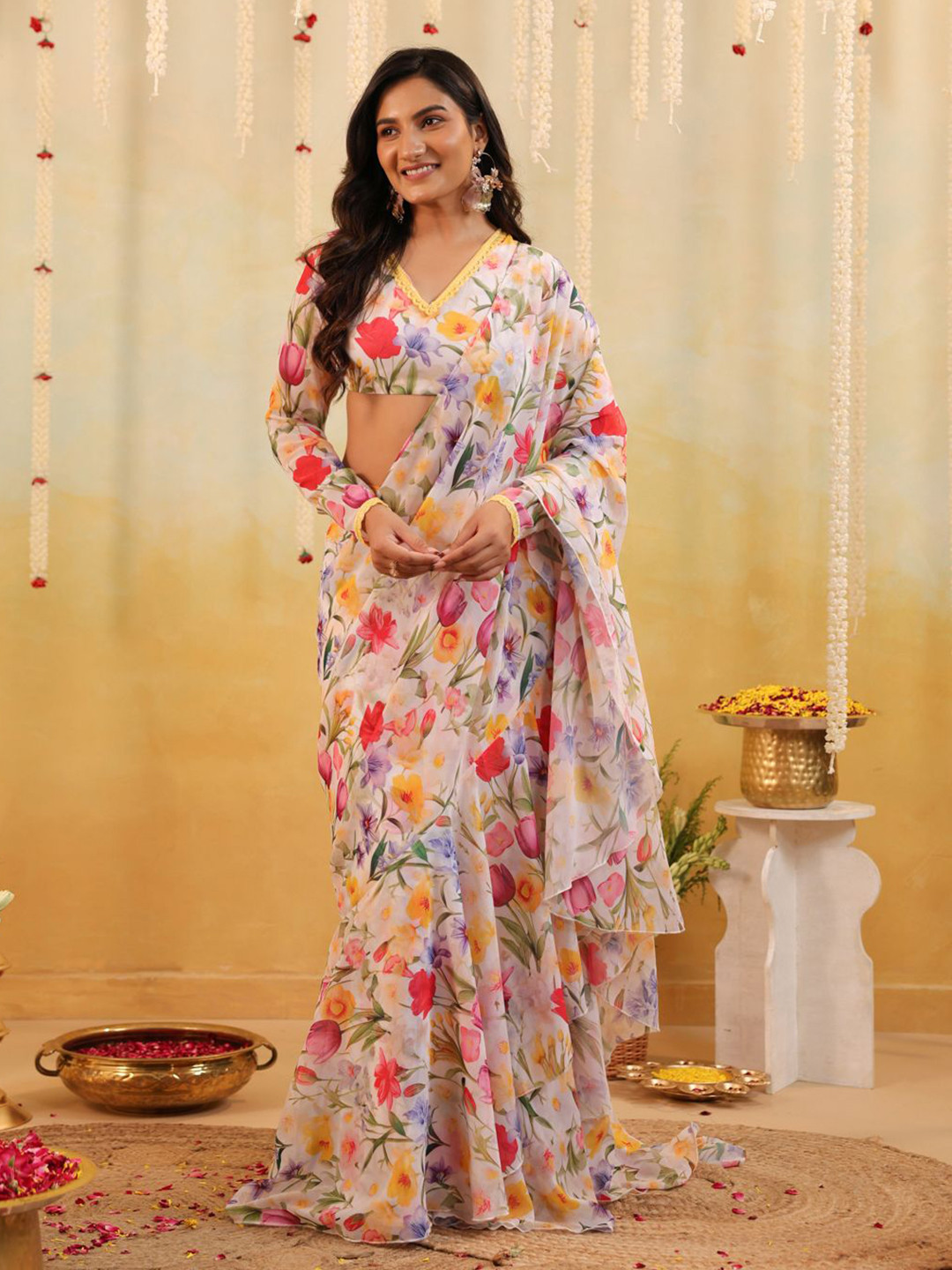 B'Infinite Floral Printed Pure Georgette Fusion Saree