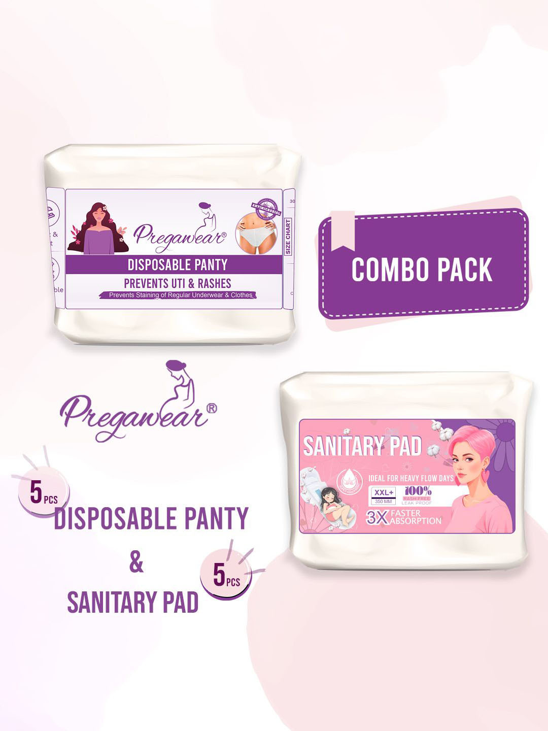 Pregawear 5Pcs Disposable Panty & 5Pcs Sanitary Pad for Heavy Flow & Overnight Protection