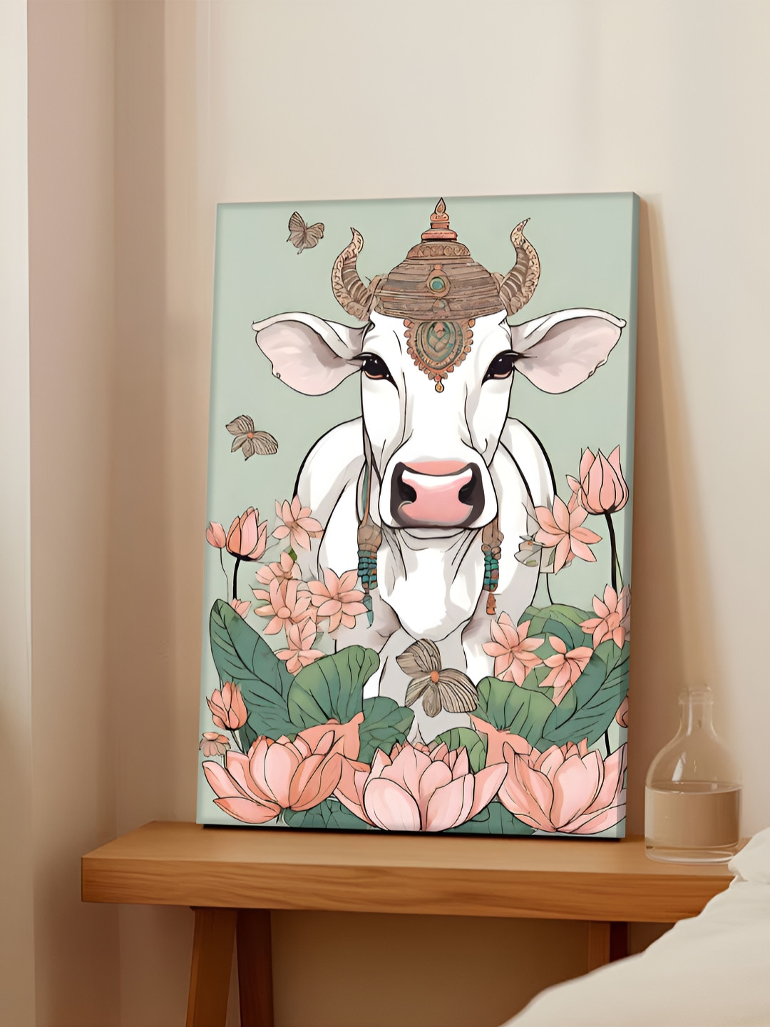 Art Street Pink & Green Lotus and Deity Cow Traditional Indian Canvas Wall Art
