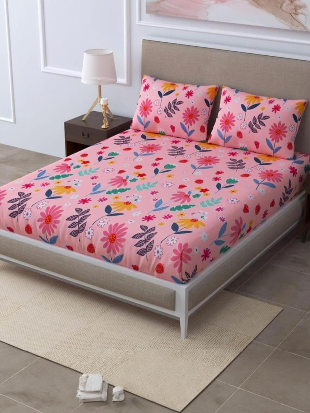 TINDLER KNOTS Pink Floral 330 TC King Bedsheet With 2 Pillow Covers