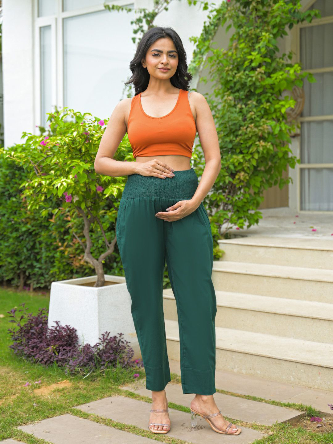 Aujjessa Women Relaxed Straight Leg Bottle Green High-Rise Maternity Trouser