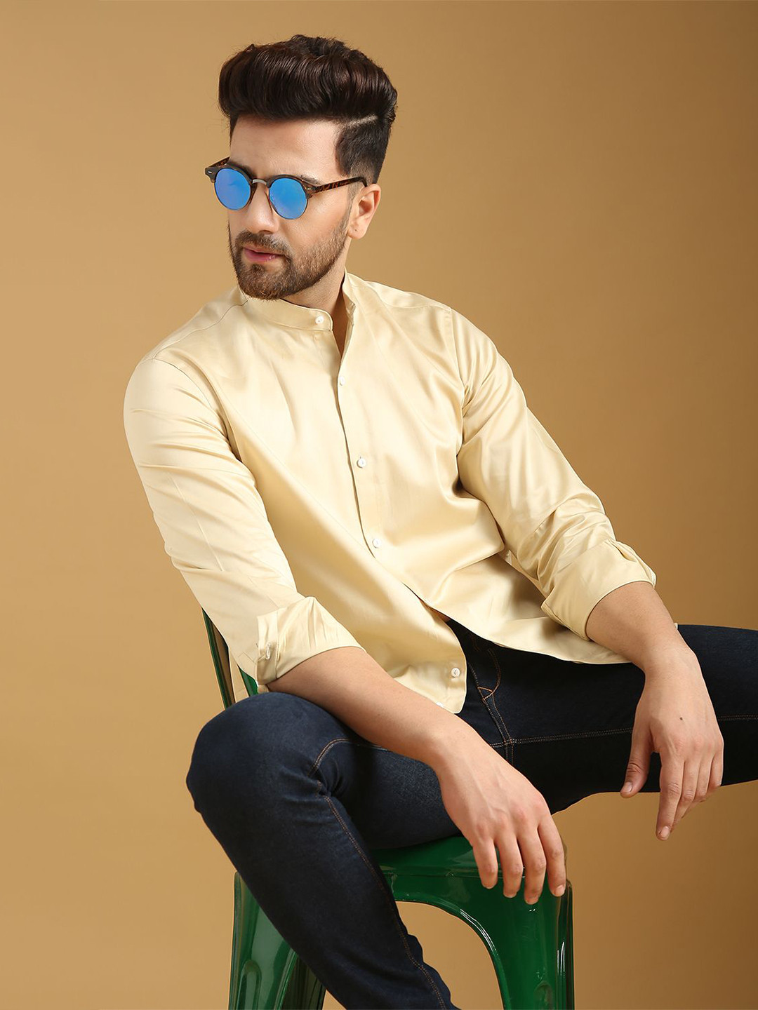 Mculine Band Collar Roll-Up Sleeves Cotton Shirt