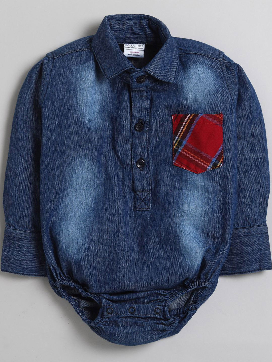 Polka Tots Infants Denim Shirt-Style Bodysuit With Checked Pocket