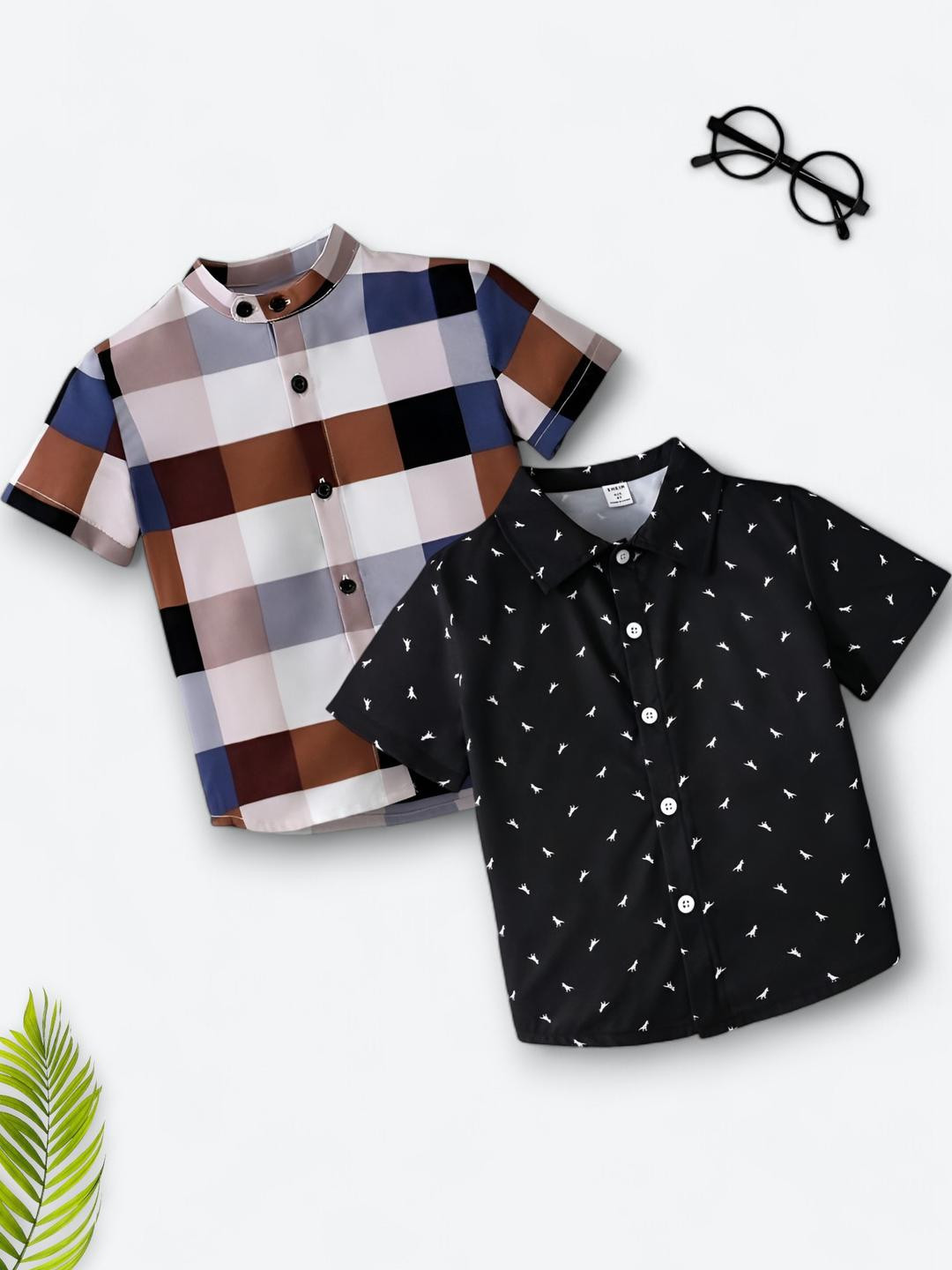 Boys Shirt Checkered, Printed Casual Short Sleeve Shirts Pack of 2